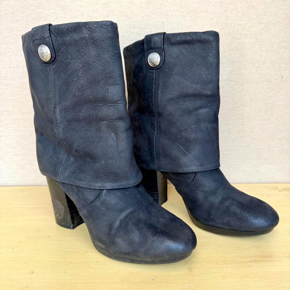 Vince Camuto Black Leather Fold Over Cuffed Button Block Heel Boots Size 8.5M